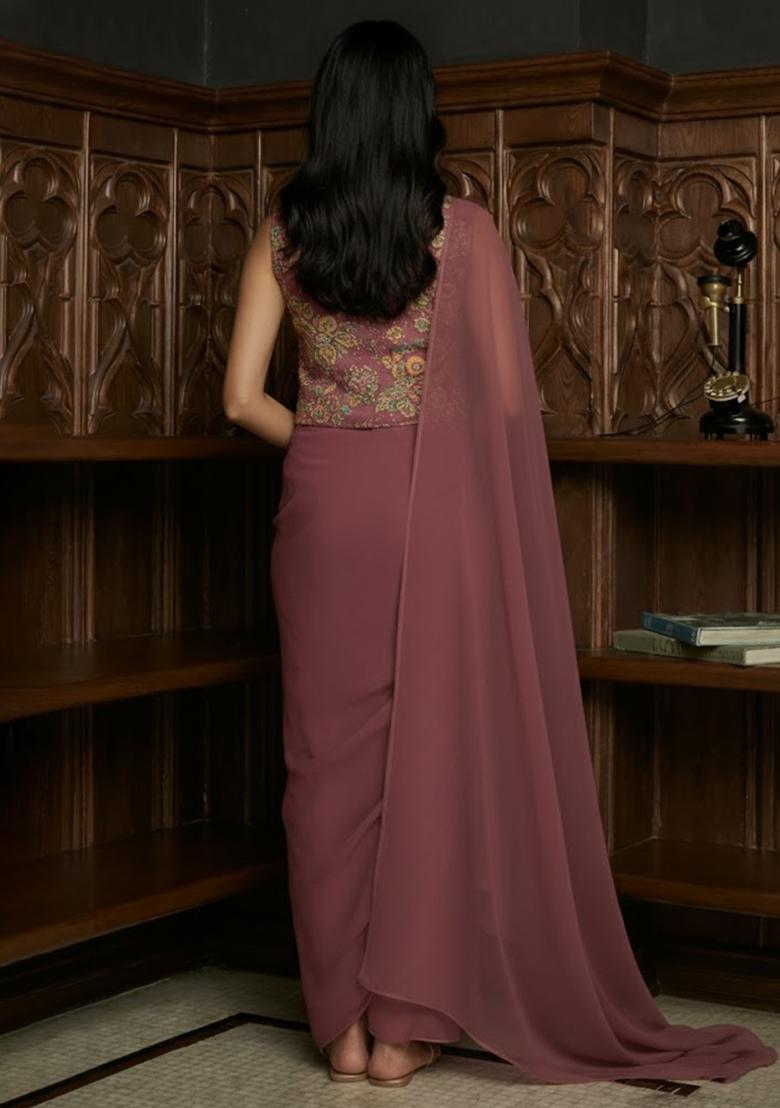 Mauve Embroidered Organza Pre Draped Saree Set - Indya