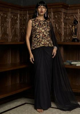 Black Embroidered Georgette Pre Draped Saree Set