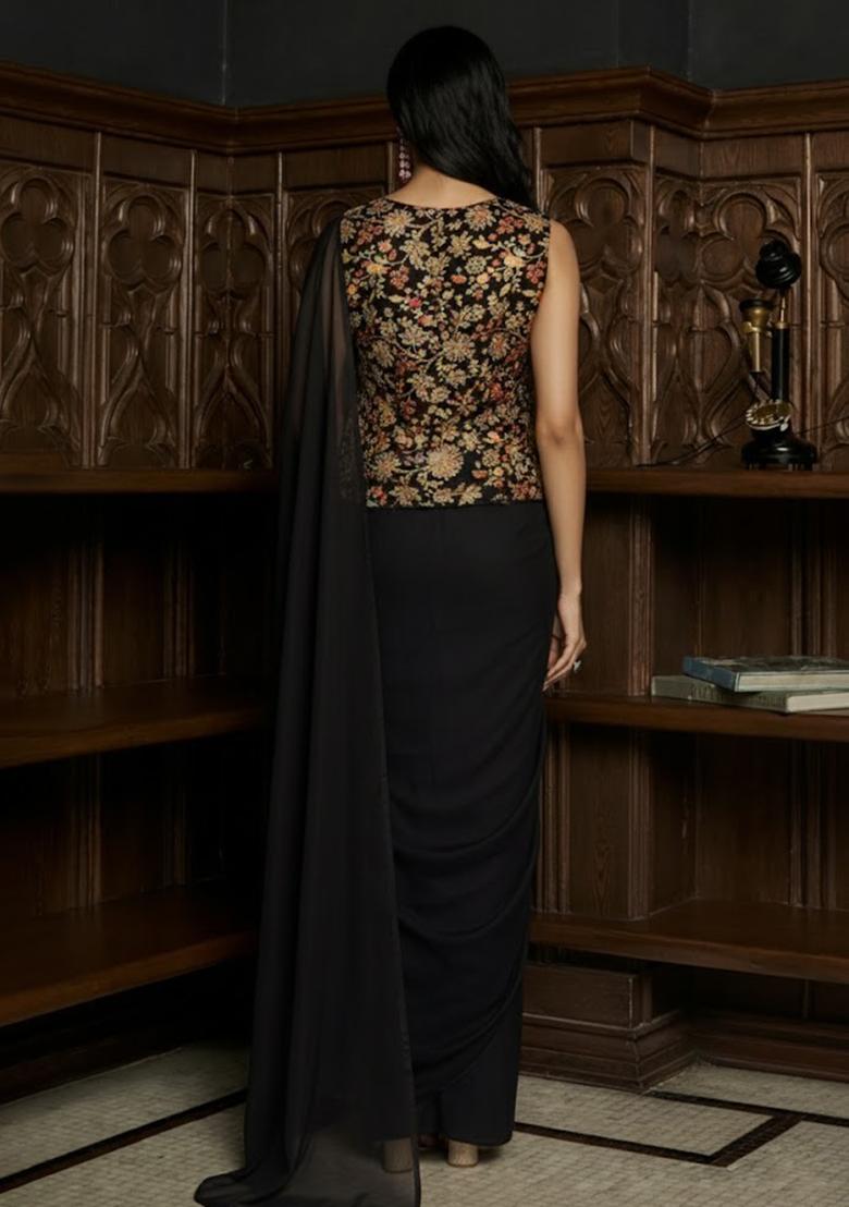Black Embroidered Georgette Pre Draped Saree Set - Indya