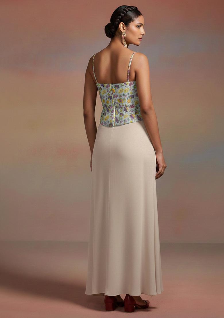 Ivory Floral Print Chinon Fusion Set - Indya