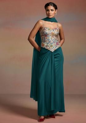 Teal Blue Floral Print Chinon Fusion Set