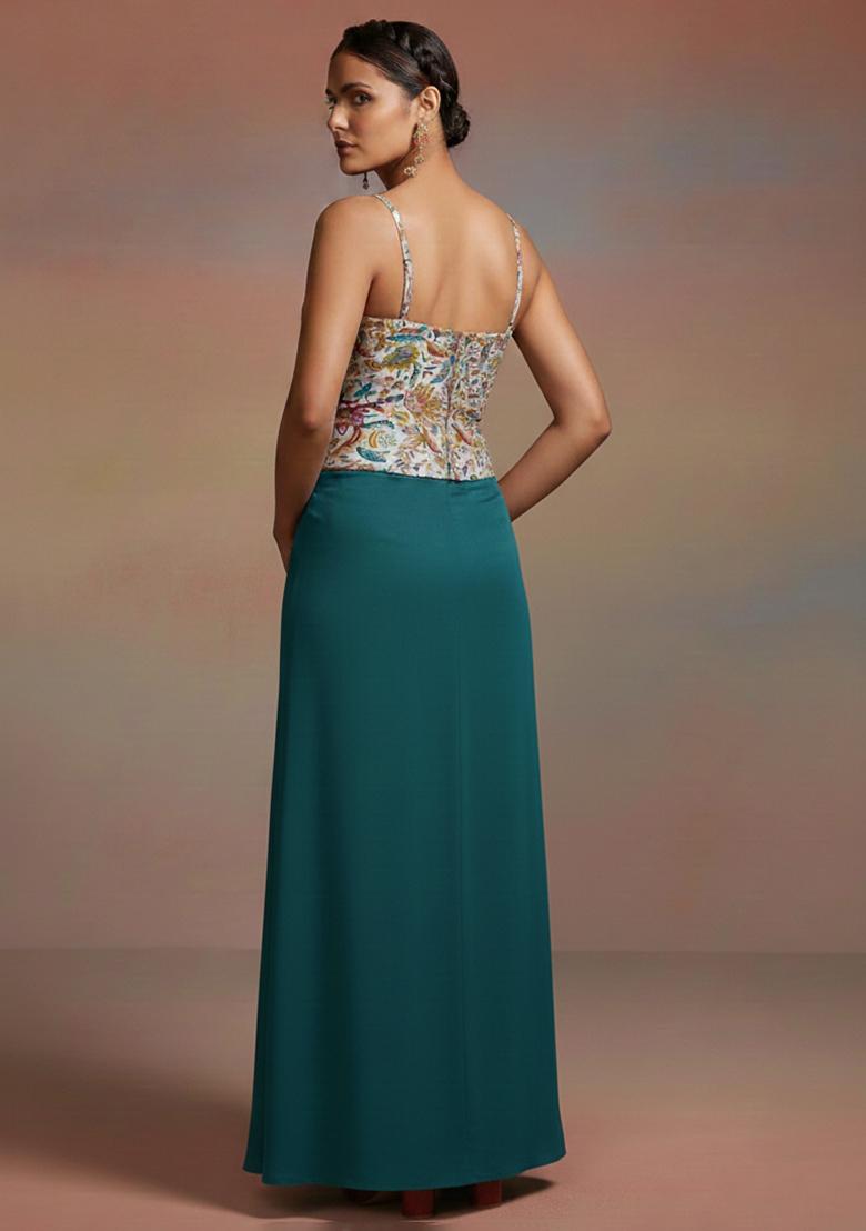 Teal Blue Floral Print Chinon Fusion Set - Indya