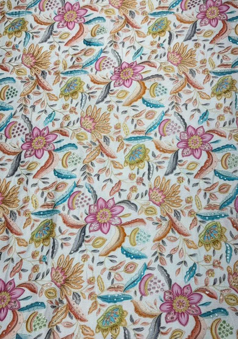 Teal Blue Floral Print Chinon Fusion Set - Indya