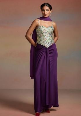 Deep Purple Floral Print Chinon Fusion Set