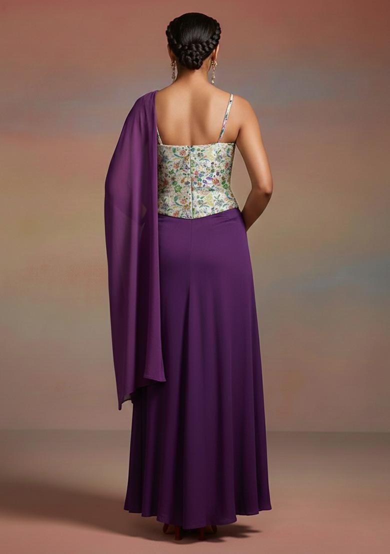 Deep Purple Floral Print Chinon Fusion Set - Indya