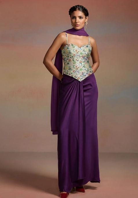Deep Purple Floral Print Chinon Fusion Set