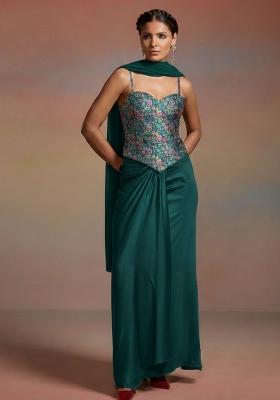 Emerald Green Floral Print Chinon Fusion Set