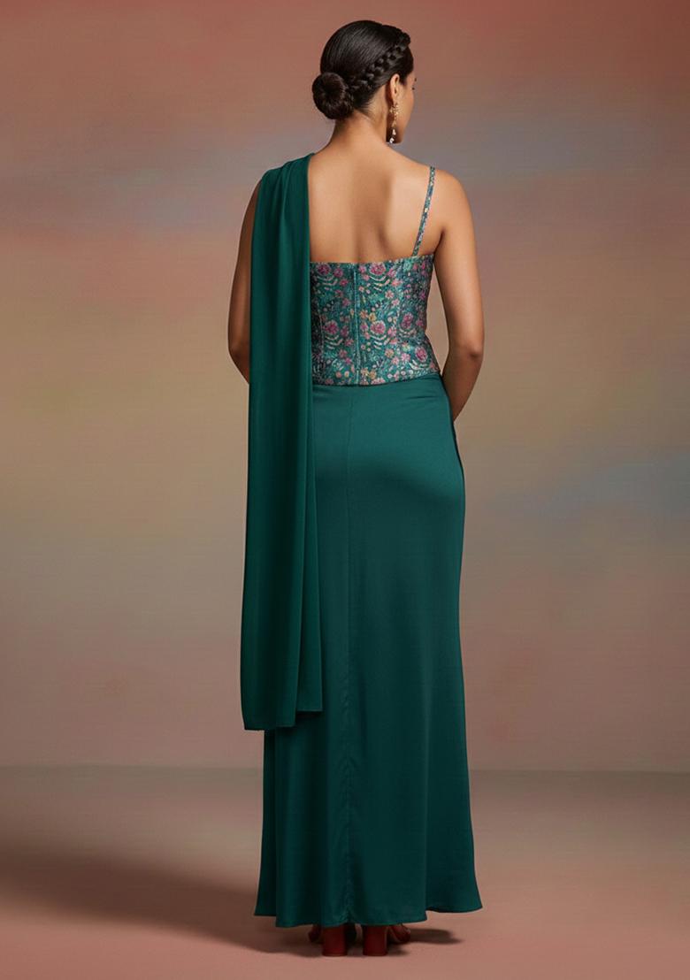 Emerald Green Floral Print Chinon Fusion Set - Indya