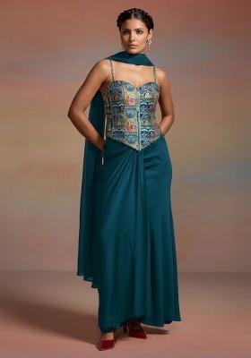 Teal Blue Figure Print Chinon Fusion Set