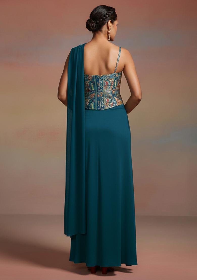 Teal Blue Figure Print Chinon Fusion Set - Indya