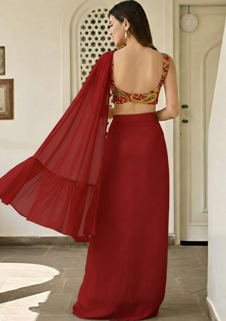 Deep Red Embroidered Crepe Fusion Set - Indya