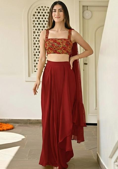 Deep Red Embroidered Crepe Fusion Set