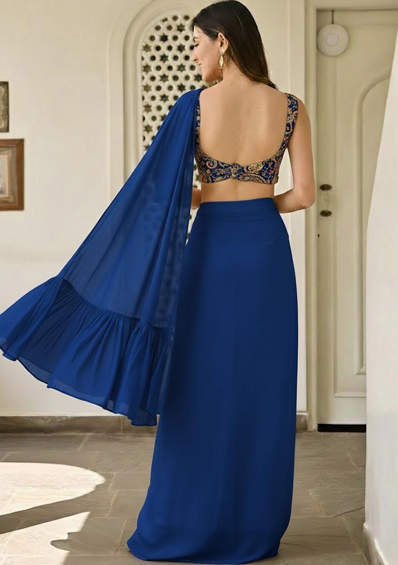 Navy Blue Embroidered Crepe Fusion Set - Indya