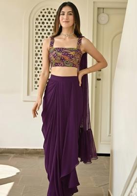 Purple Embroidered Crepe Fusion Set