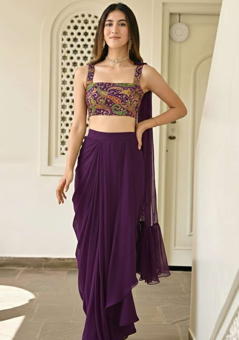 Purple Embroidered Crepe Fusion Set - Indya