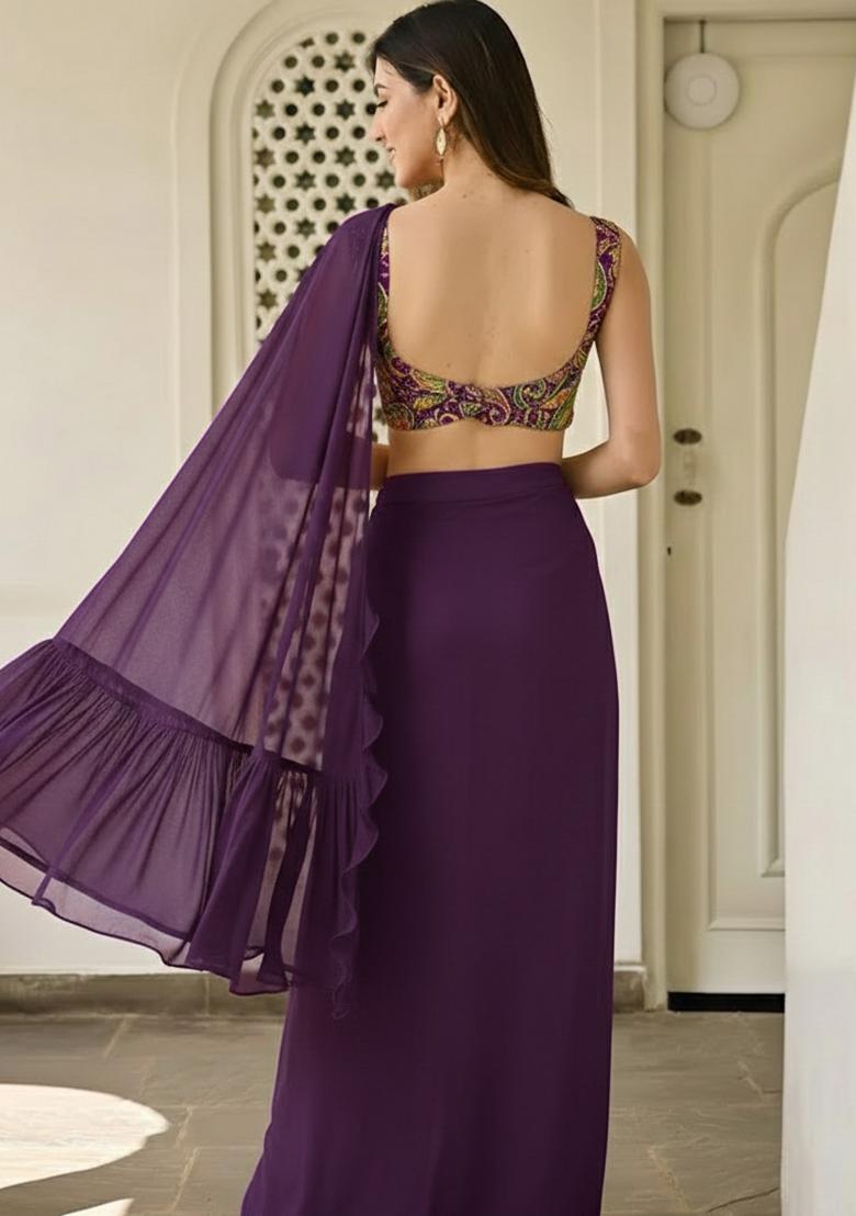 Purple Embroidered Crepe Fusion Set - Indya