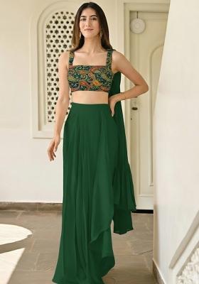 Dark Green Embroidered Crepe Fusion Set