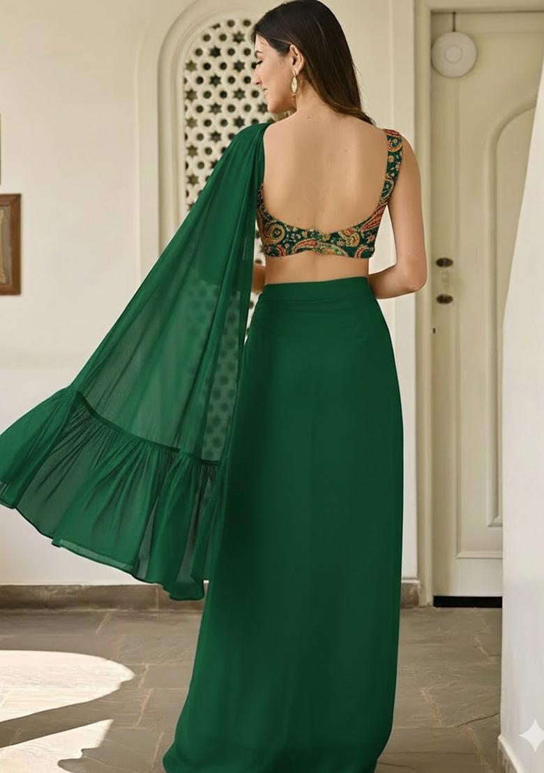 Dark Green Embroidered Crepe Fusion Set - Indya