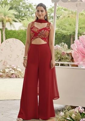 Red Embroidered Organza Fusion Set