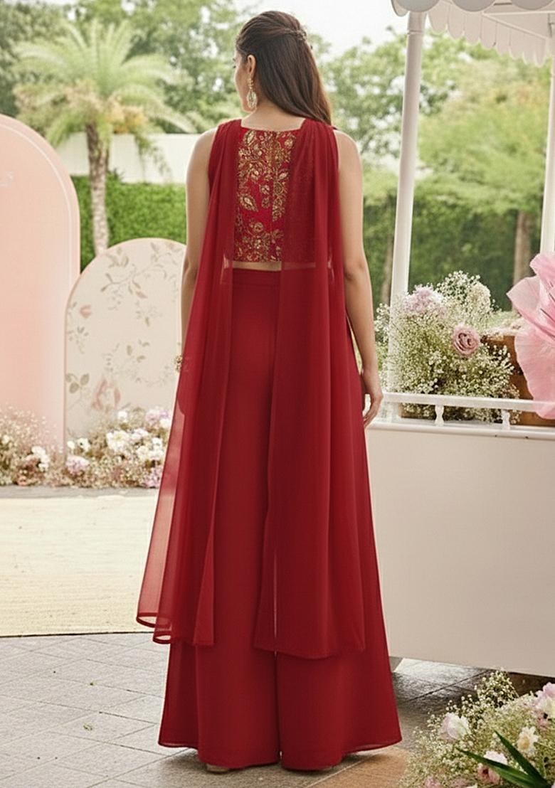 Red Embroidered Organza Fusion Set - Indya