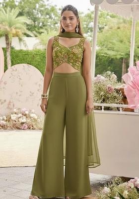 Olive Green Embroidered Organza Fusion Set
