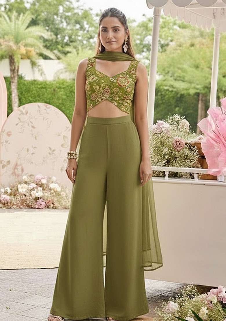 Olive Green Organza Fusion Set with Embroidered for Diwali | Wedding & Festive Wear - Indya