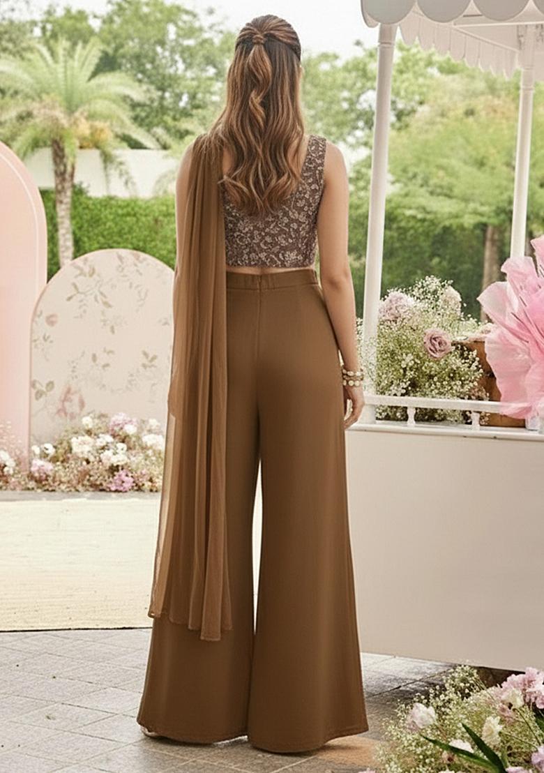 Brown Embroidered Net Fusion Set - Indya
