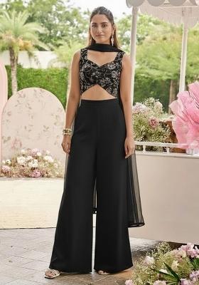 Black Embroidered Net Fusion Set