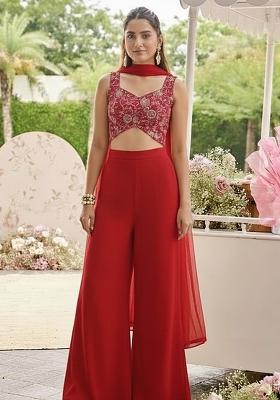 Red Embroidered Net Fusion Set