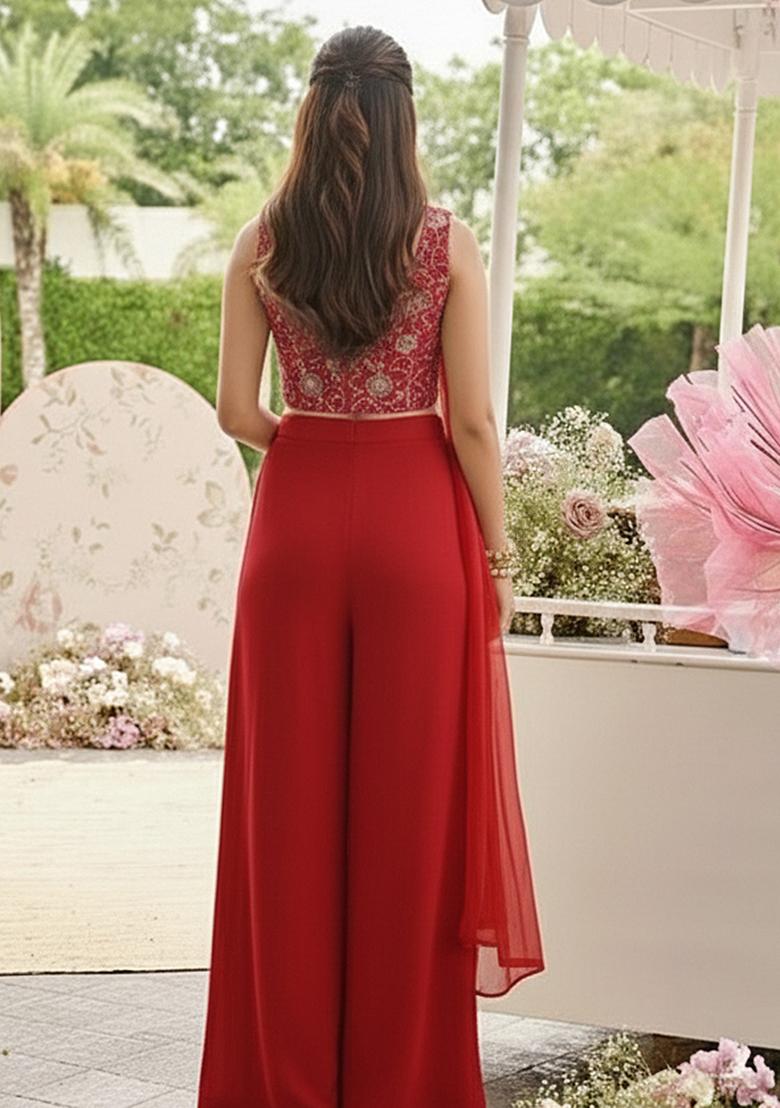 Red Embroidered Net Fusion Set - Indya