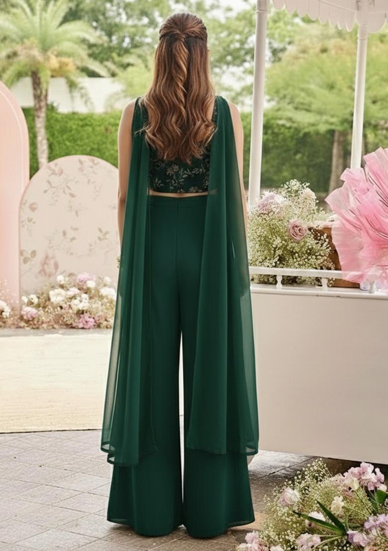 Emerald Green Embroidered Net Fusion Set - Indya