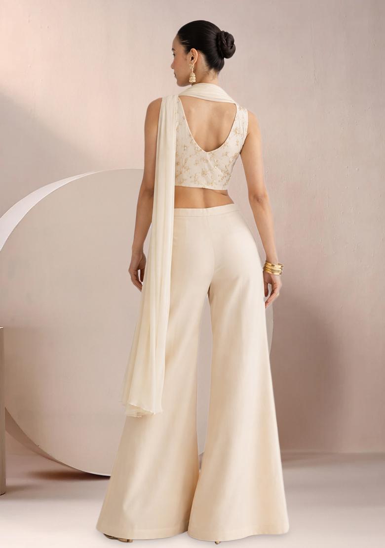 Cream Sequin Crepe Fusion Set - Indya