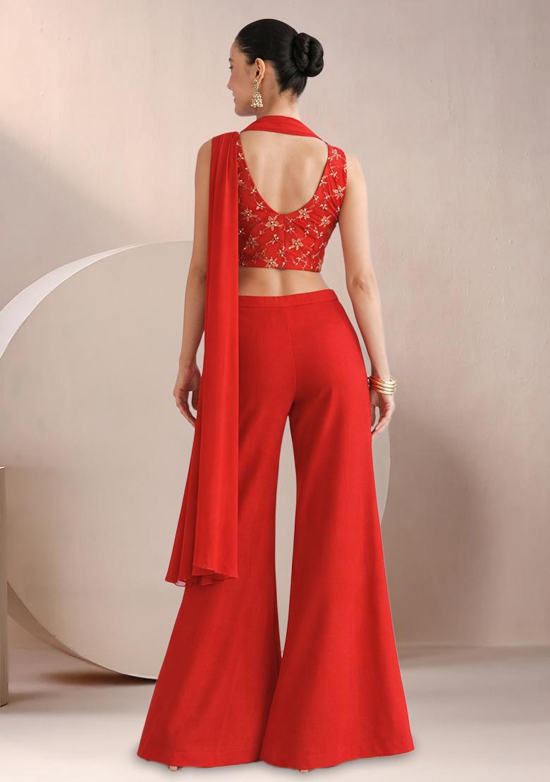 Red Sequin Crepe Fusion Set - Indya