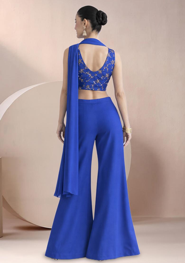Royal Blue Sequin Crepe Fusion Set - Indya