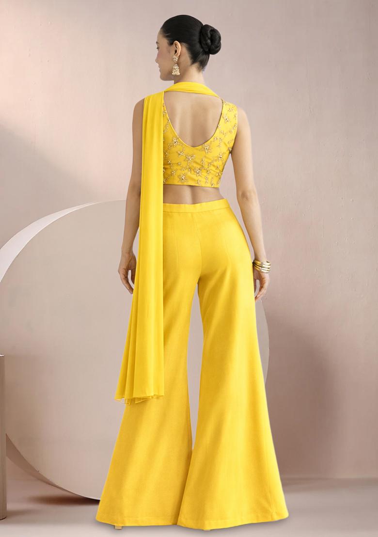 Yellow Sequin Crepe Fusion Set - Indya