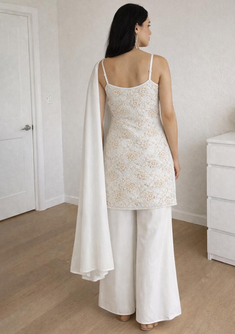 Ivory Embroidered Georgette Fusion Set - Indya