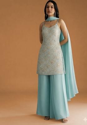 Powder Blue Embroidered Georgette Fusion Set