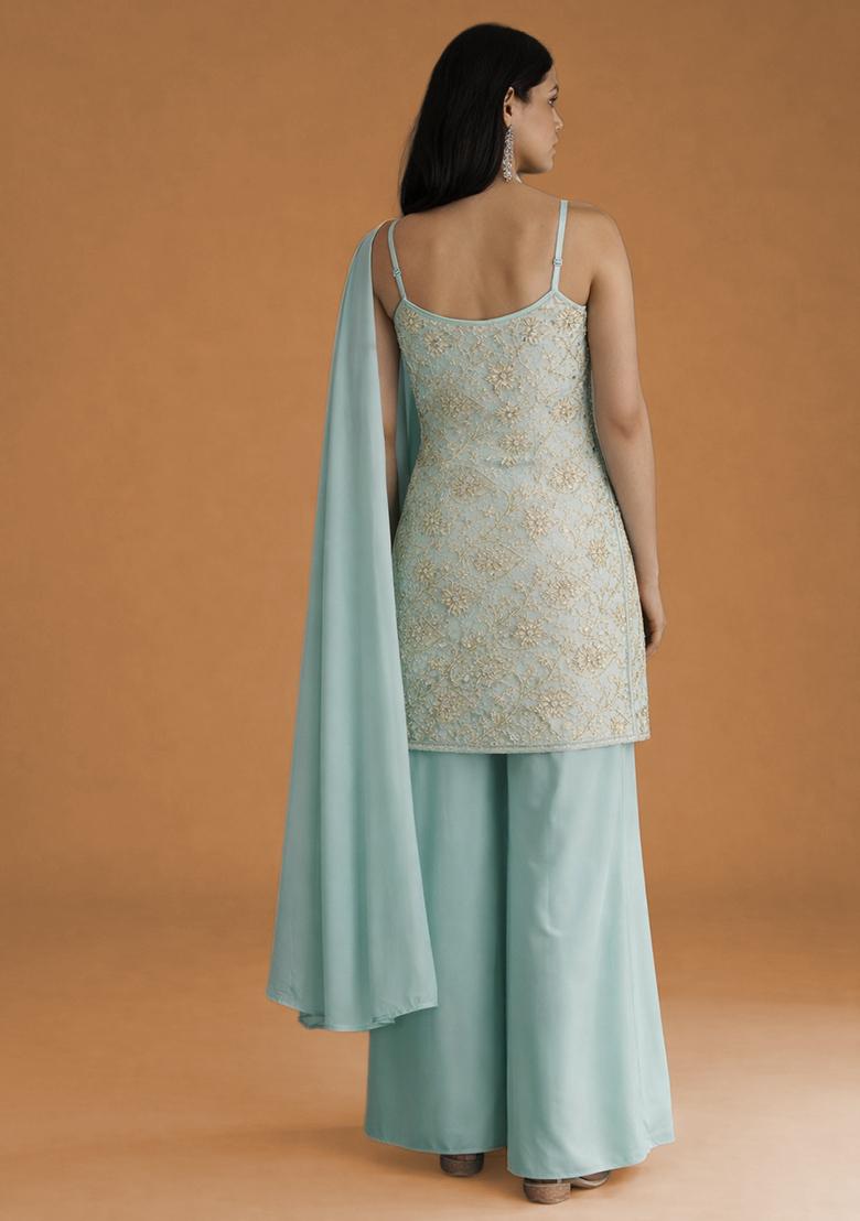 Powder Blue Embroidered Georgette Fusion Set - Indya