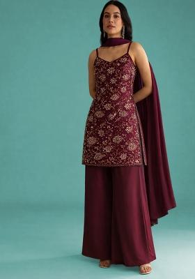 Maroon Embroidered Georgette Fusion Set
