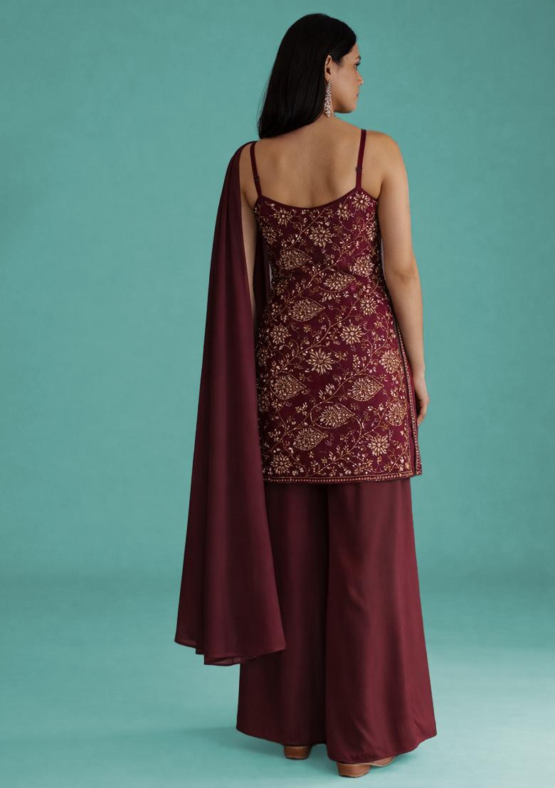Maroon Embroidered Georgette Fusion Set - Indya