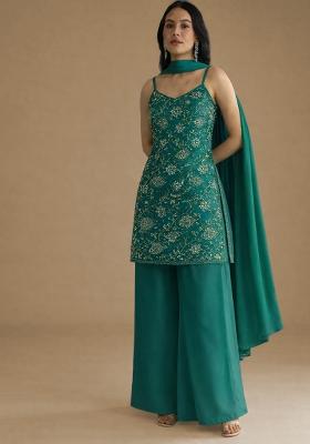 Teal Green Embroidered Georgette Fusion Set