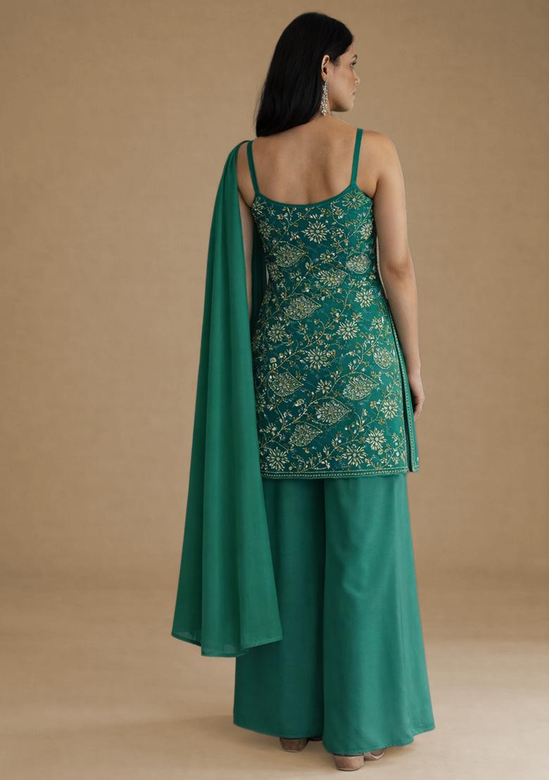 Teal Green Embroidered Georgette Fusion Set - Indya