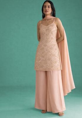 Peach Embroidered Georgette Fusion Set