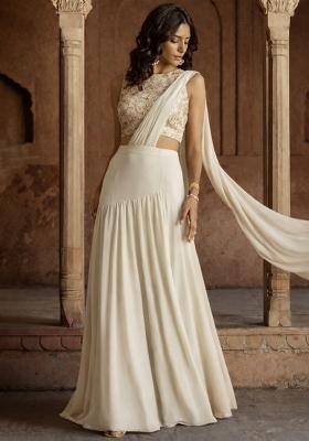 Off White Embroidered Georgette Lehenga Set