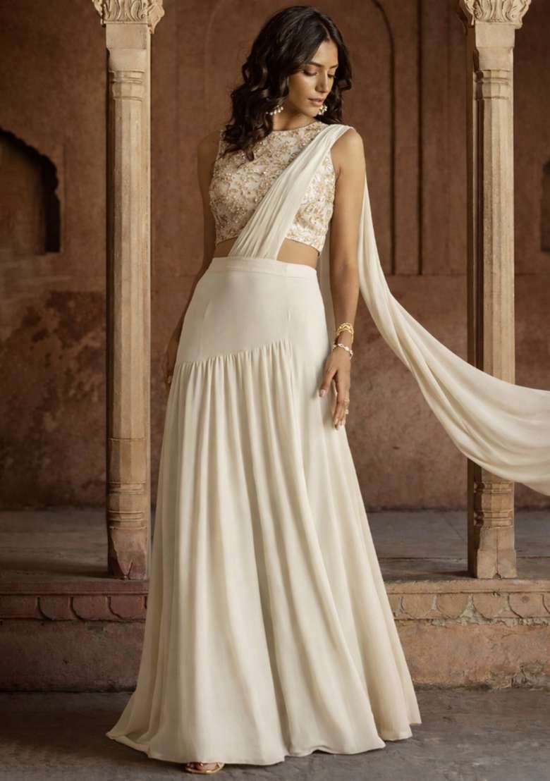 Off White Embroidered Georgette Lehenga Set - Indya