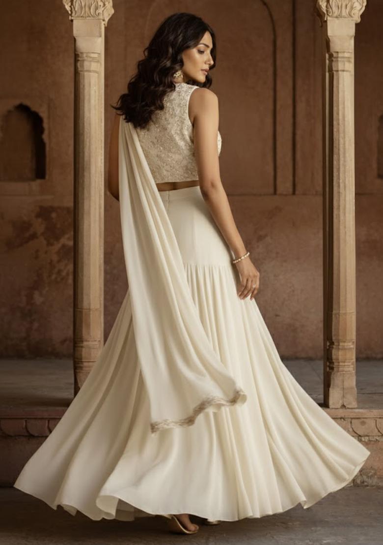 Off White Embroidered Georgette Lehenga Set - Indya