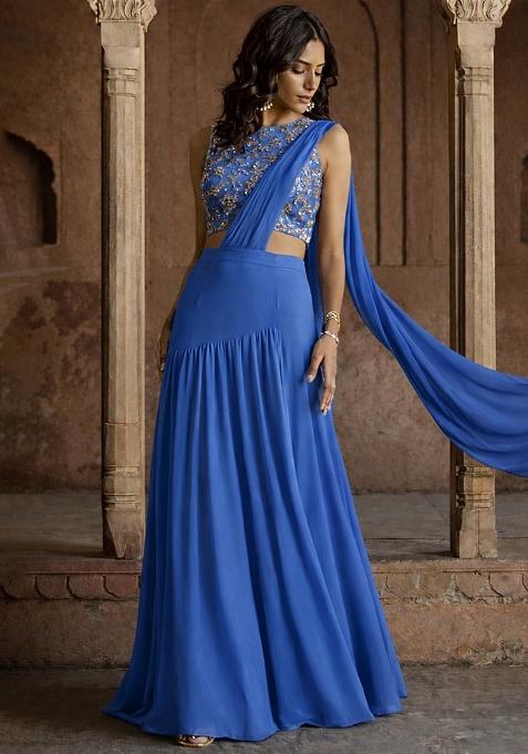 Royal Blue Embroidered Georgette Lehenga Set