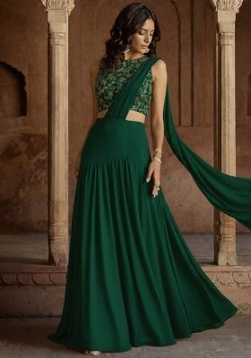 Dark Green Embroidered Georgette Lehenga Set