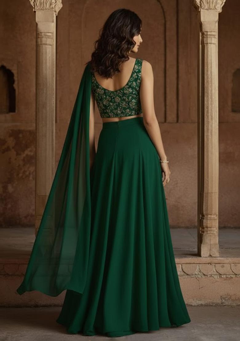 Dark Green Embroidered Georgette Lehenga Set - Indya