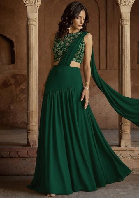 Dark Green Embroidered Georgette Lehenga Set